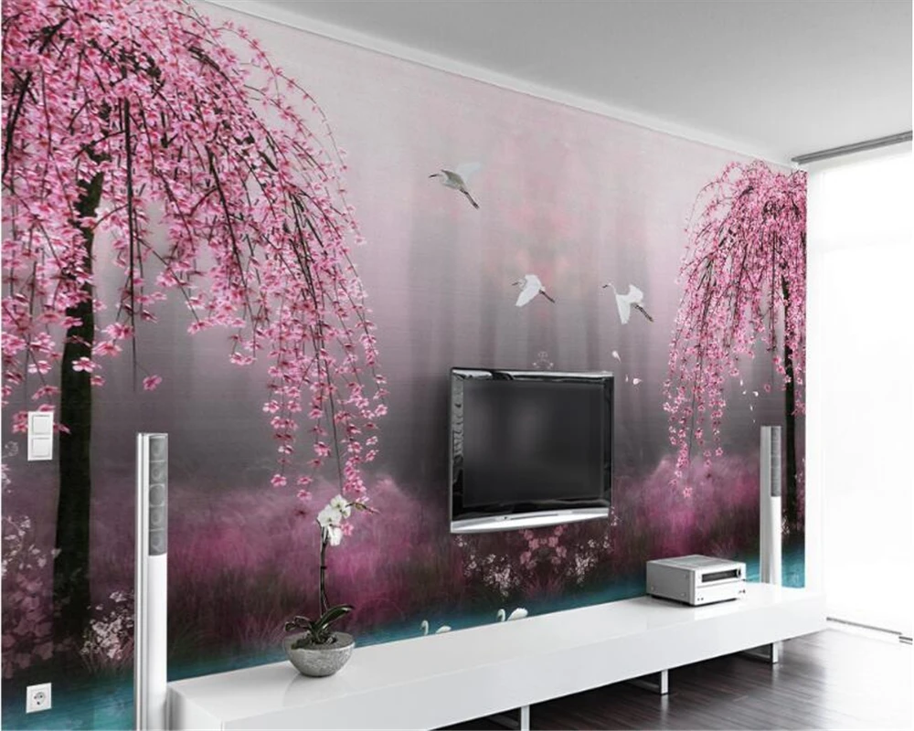 beibehang Beautiful personality three-dimensional wall paper fantasy pink cherry Swan Lake scenery TV background 3d wallpaper