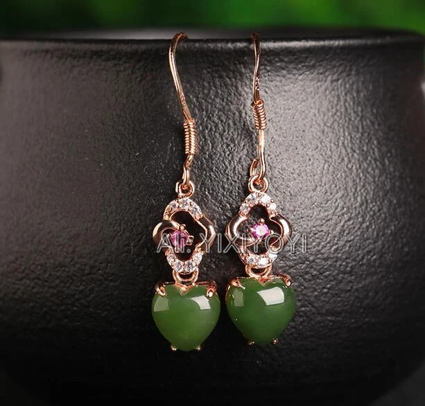 Beautiful 925 Silver Gold Green HeTian Jade Beads Inlay Heart Drop Dangle Earrings Woman's Lucky Earring Ear Jewelry Certificate