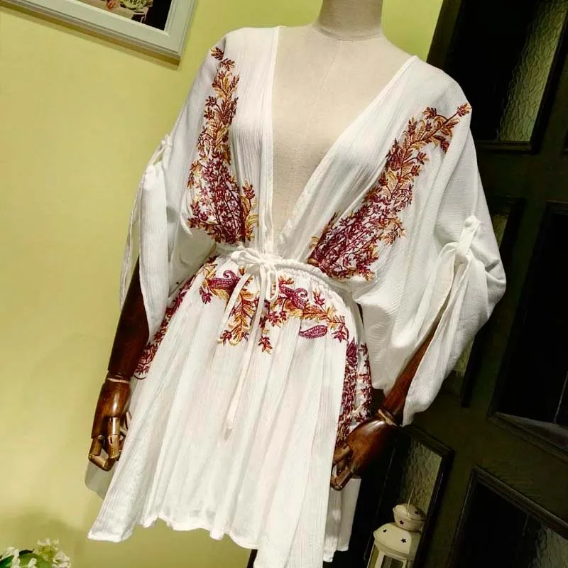 Hương Hoa mới Thêu Boho ĐẦM MÙA HÈ 2020 vintage gợi cảm bãi biển áo Cổ Chữ V sâu dài Tay Mini Đảng nữ vestidos