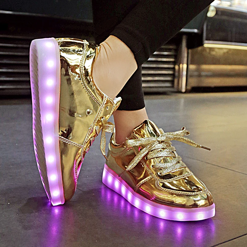 7ipupas NEW children Led sneakers USB charging kids LED luminous Gold shoes boys girls of colorful flashing lights up sneakers