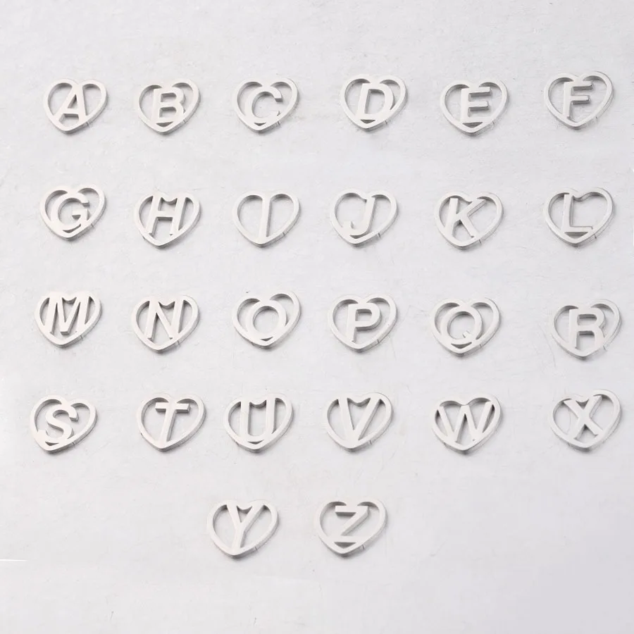 Fnixtar 26Pcs 12mm Hollow Love Heart Initials Alphabet Charms Mirror Polish Stainless Steel Letter A-Z Charms For Braid Bracelet