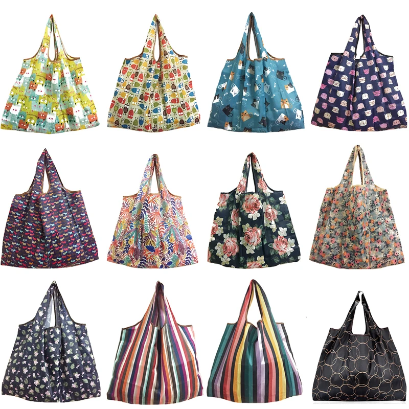 Sac de recyclage pliable pour dames, sac fourre-tout réutilisable, dessin animé floral, fruits, légumes, épicerie, cuillère à soupe, FS11, nouveau