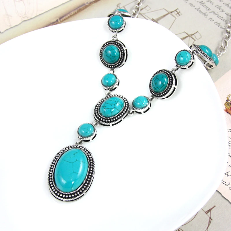 OCESRIO Blue Stone Necklace Pendants Silver Color Plated Big Long Necklace with Stones Vintage Jewelry Women Gifts nke-k48