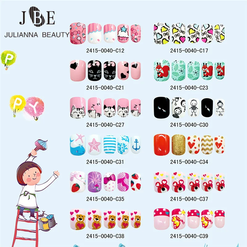 

24PCS Press on Children Candy False Nail Tips Cartoon Full Cover Kid Pink Fake Nail Art for Little Girls 14 Design Manicure Tool