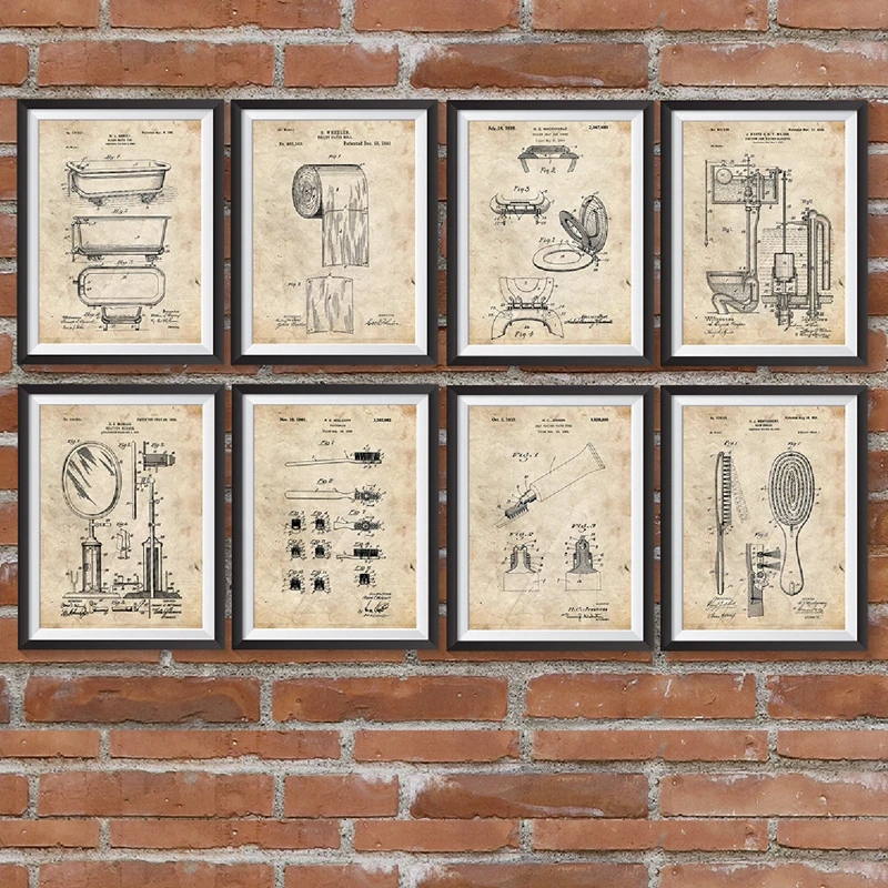 Bathroom Patents Blueprints Vintage Posters Wall Art Prints Bathroom Decor , Barber's Gifts Painting Pictures for Barber Shop