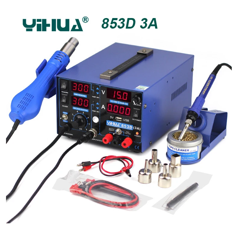 

YIHUA 853D 1A SMD DC Power Supply Hot Air Gun Soldering Iron Rework Solder Station Intelligent temperature control 853D 5A 853D