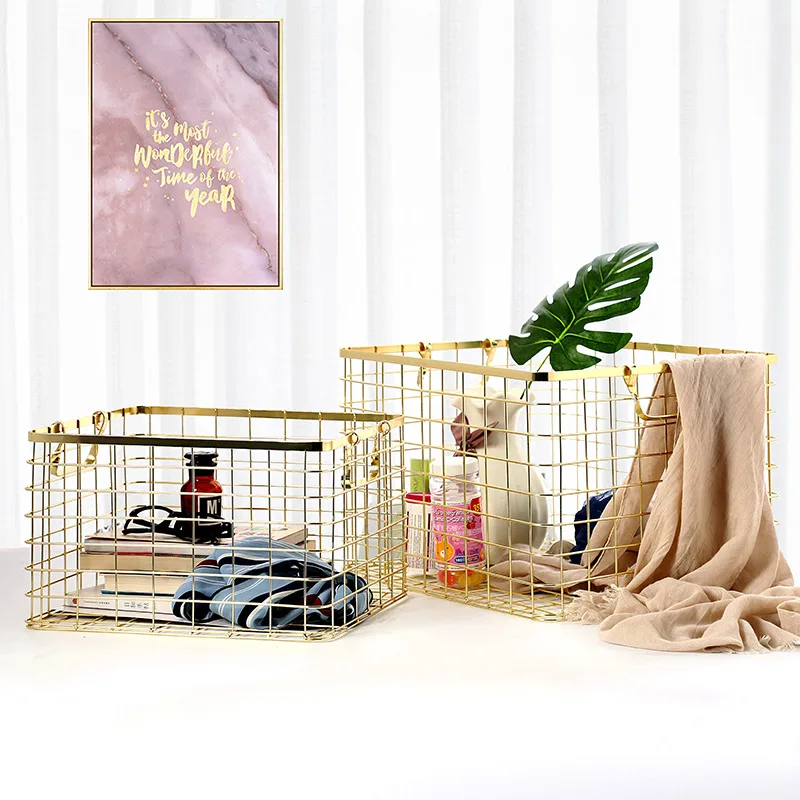 Metal Rose Gold Storage Basket Vogue Chic Nordic Hand-made Iron Net Table Shelves Basket Bath Clothes Cosmetics Storage Basket