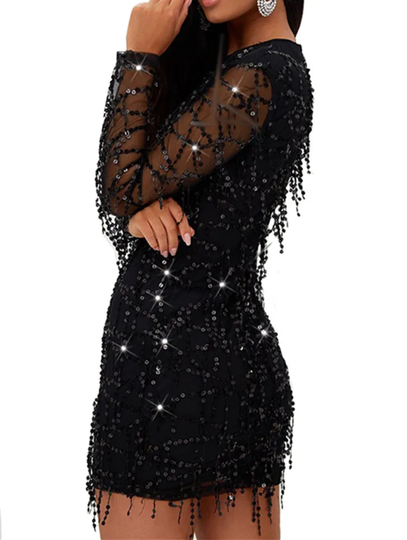 Black Party Night Out Mesh Contrast Sequin Sheer Bodycon Round Neck Long Sleeve Dress 2019 Fall Fashion Women Dresses