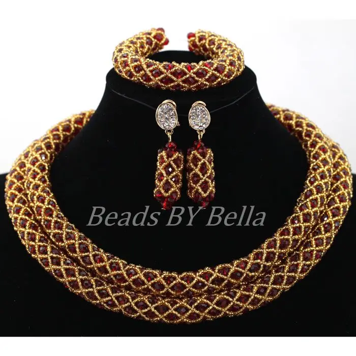 Champagne Gold Seed Beads Wine Crystal African Lace Jewelry Sets Nigerian Wedding Beads Necklace for Women Free Shipping ABK980