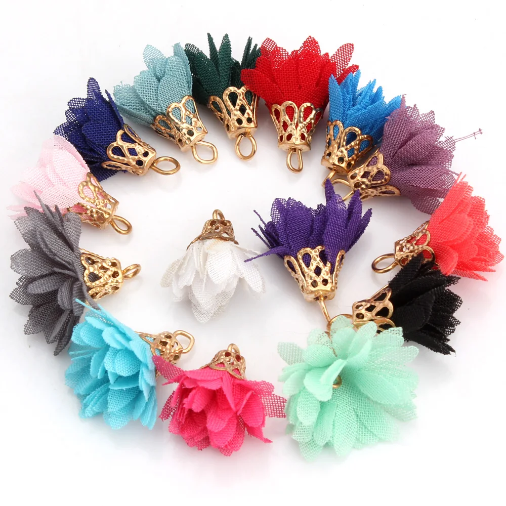 OlingArt 20mm 12Pcs/Lot Gold hat Mix Color lace Silk Satin Tassel Necklace Earring DIY Jewelry Making Keychain Charms