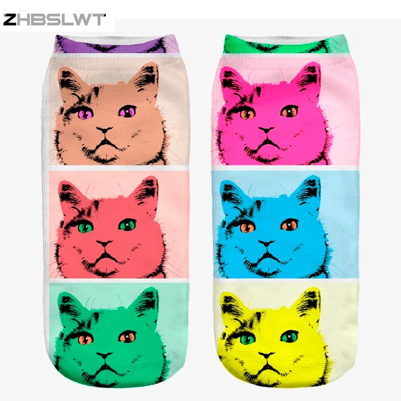 ZHBSLWT 3D Print Animal Pop Art Cat Women Socks Calcetines Casual Cute Character Low Cut Ankle Socks Multiple Colors Harajuku