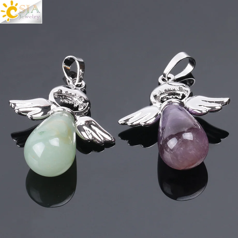 CSJA Natural Gem Stones Angels Pendant for Necklace Pink Quartz Aventurine Pendants Silver-color Water Drop Female Jewelry E949