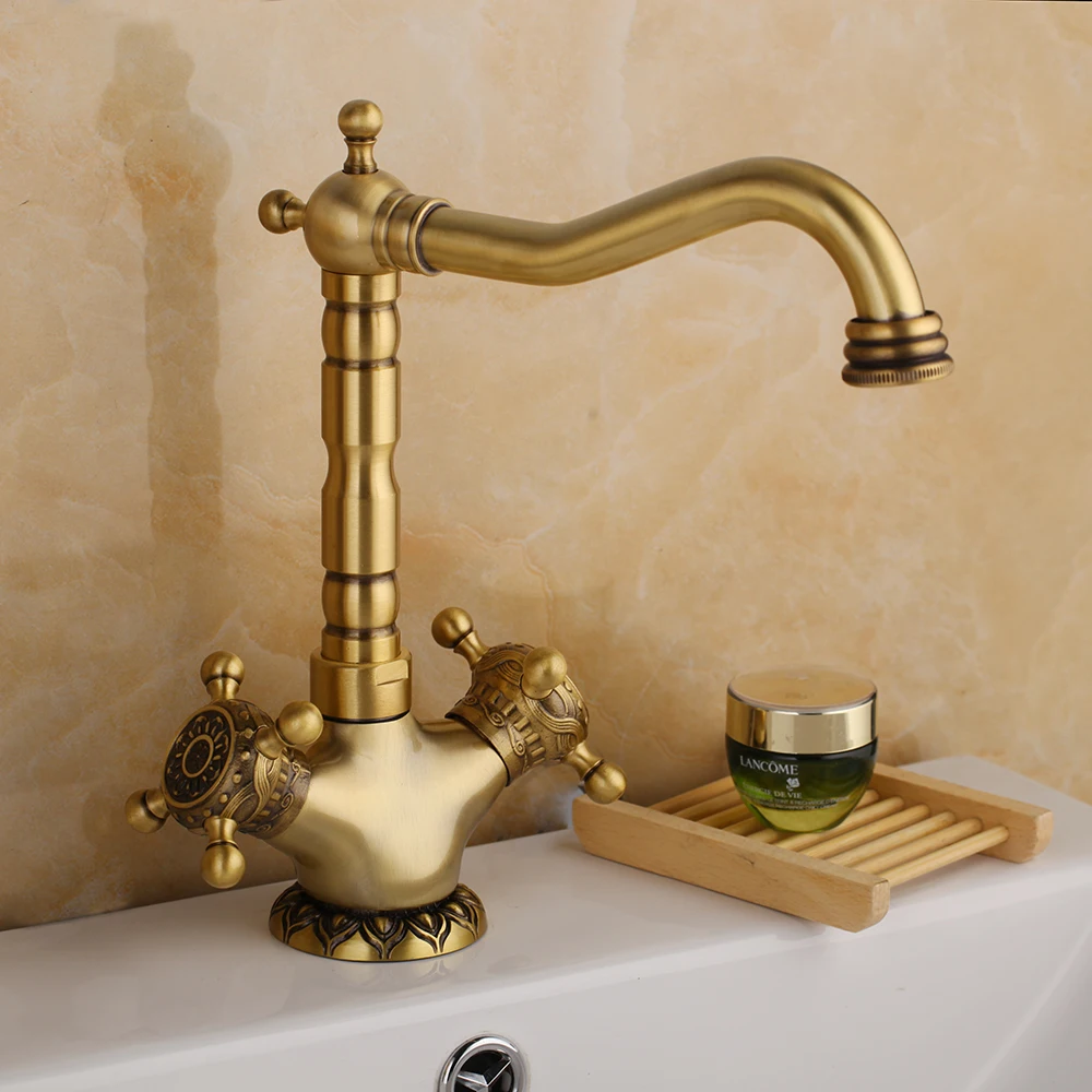 KEMAIDI Elegant Antique Brass Bathroom Sink Faucets Long&Short 360 Swivel Mixer Taps Vanity Brass Faucet  Mixer Tap Faucets