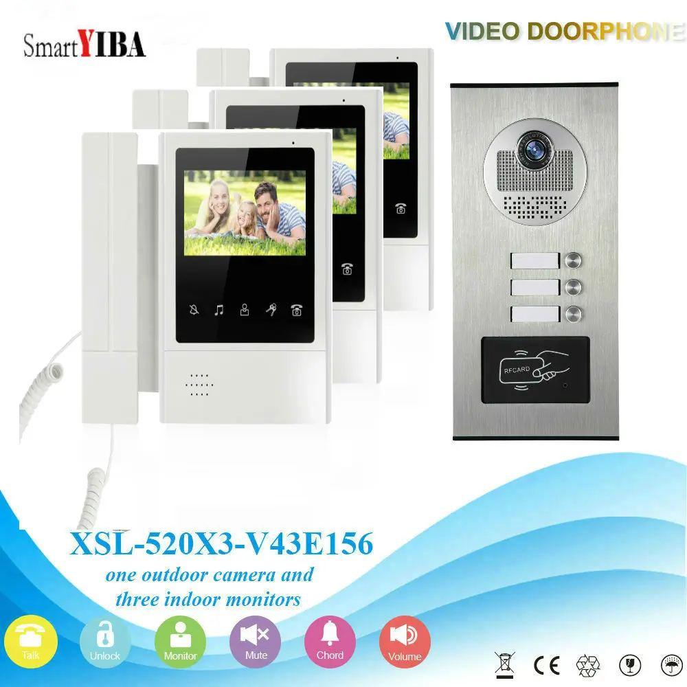 SmartYIBA 7'' TFT LCD Wired Video Door Phone Visual Video Intercom Speakerphone Intercom System Kit 1 Camera 3 Monitors