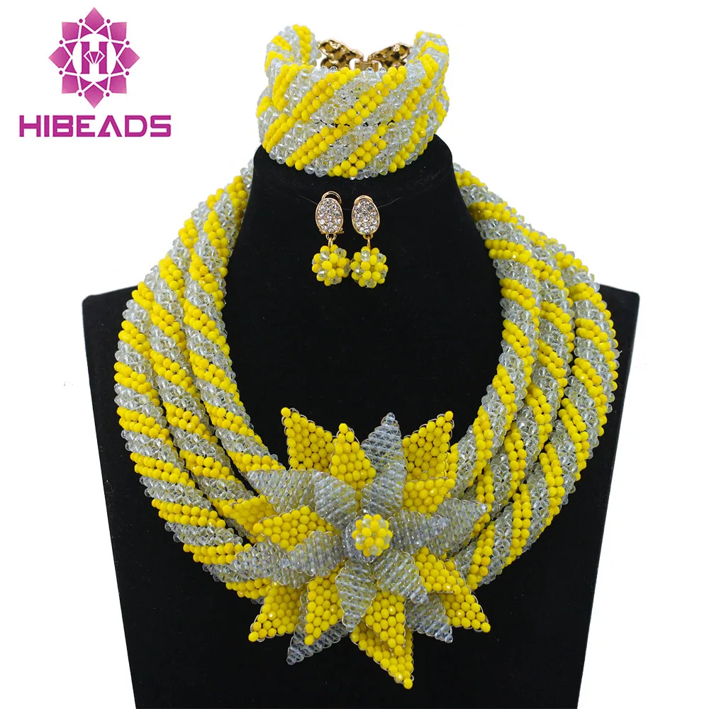 

Big Flower African Costume Indian Bridal Jewelry Set Unique Silver/Yellow Crystal Handmade Bead Jewelry Set Free ShippingABL937