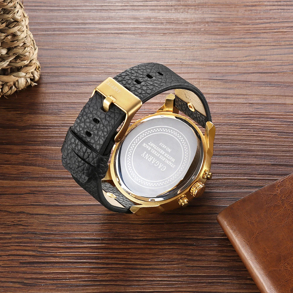 Luxury Cagarny Quartz Watch Men Black Leather Strap Golden Case Dual Times Military dz Relogio Masculino Casual Mens Watches Man