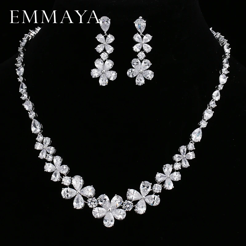 

EMMAYA New Flower Jewelry Set Silver Color Austrian Crystal Cz Earring/Necklace Sets for Women Wedding Jewelry