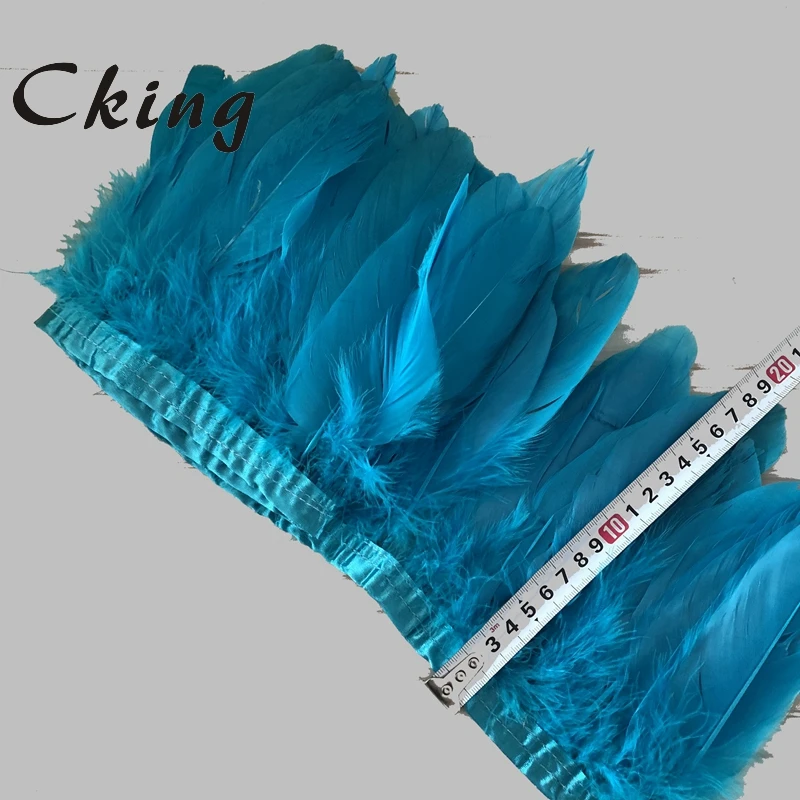 High Quality natural goose feather fringes bleached Turquoise Goose Feather Trims with Satin Ribbon Tapes for skirts 15-20CM