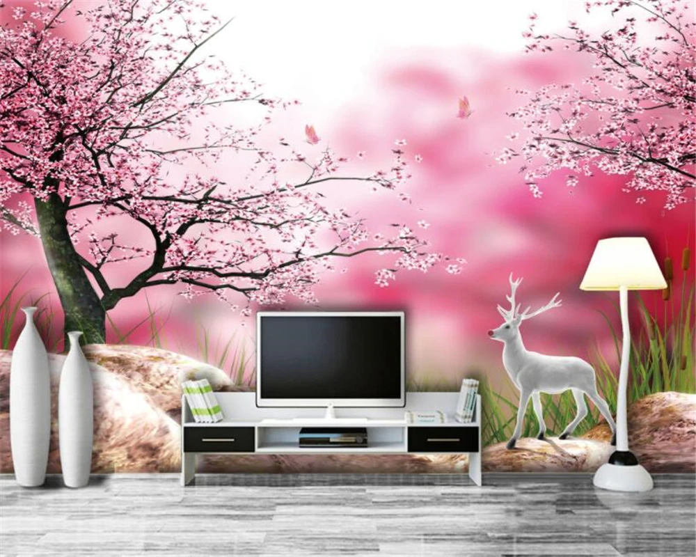 

Custom wallpaper for living room papel de parede HD Flower sea cherry tree White deer tv wall background 3d wallpaper mural