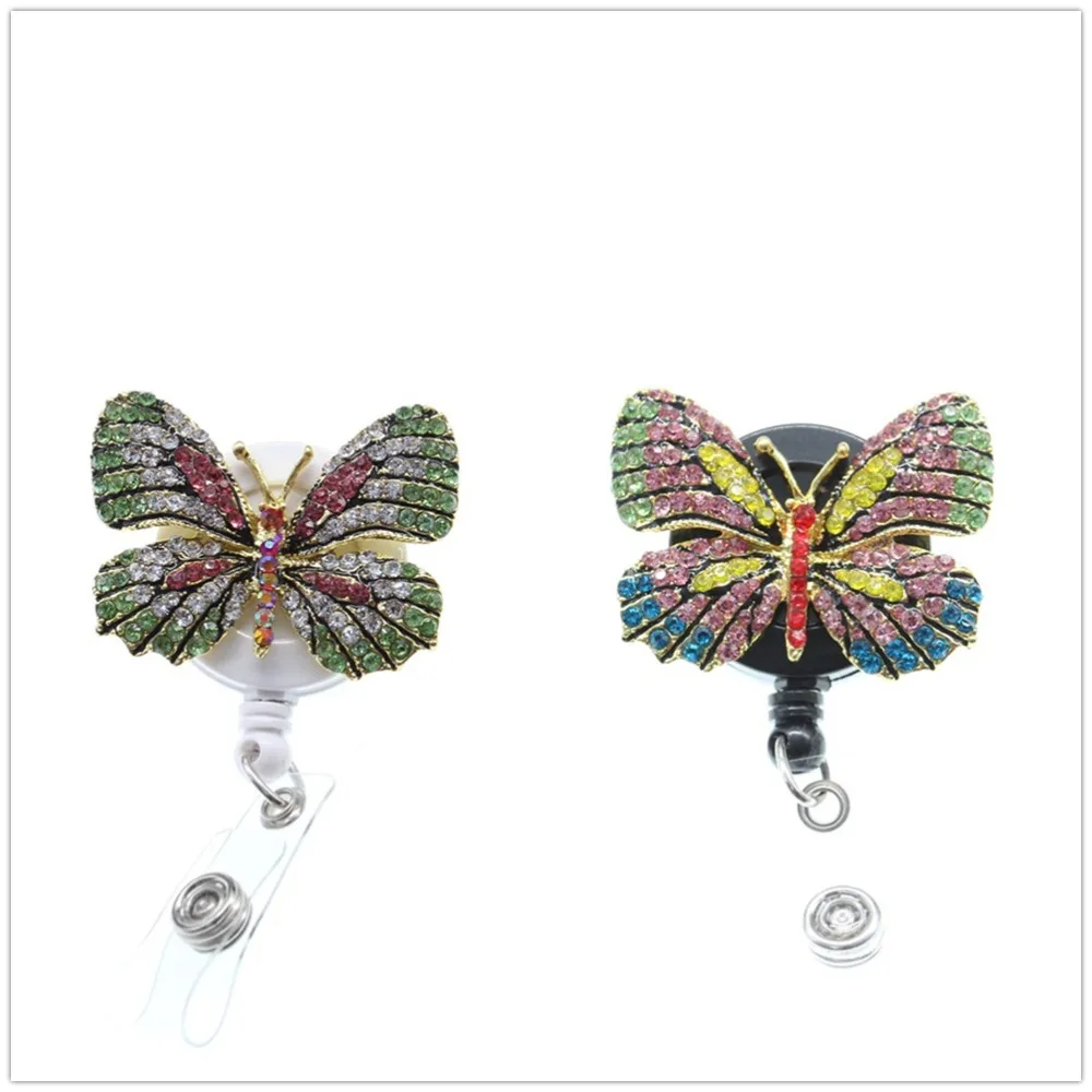 Free Shipping Beautiful Rhinestone Crystal Butterfly Insect Retractable ID Badge Holder Reel