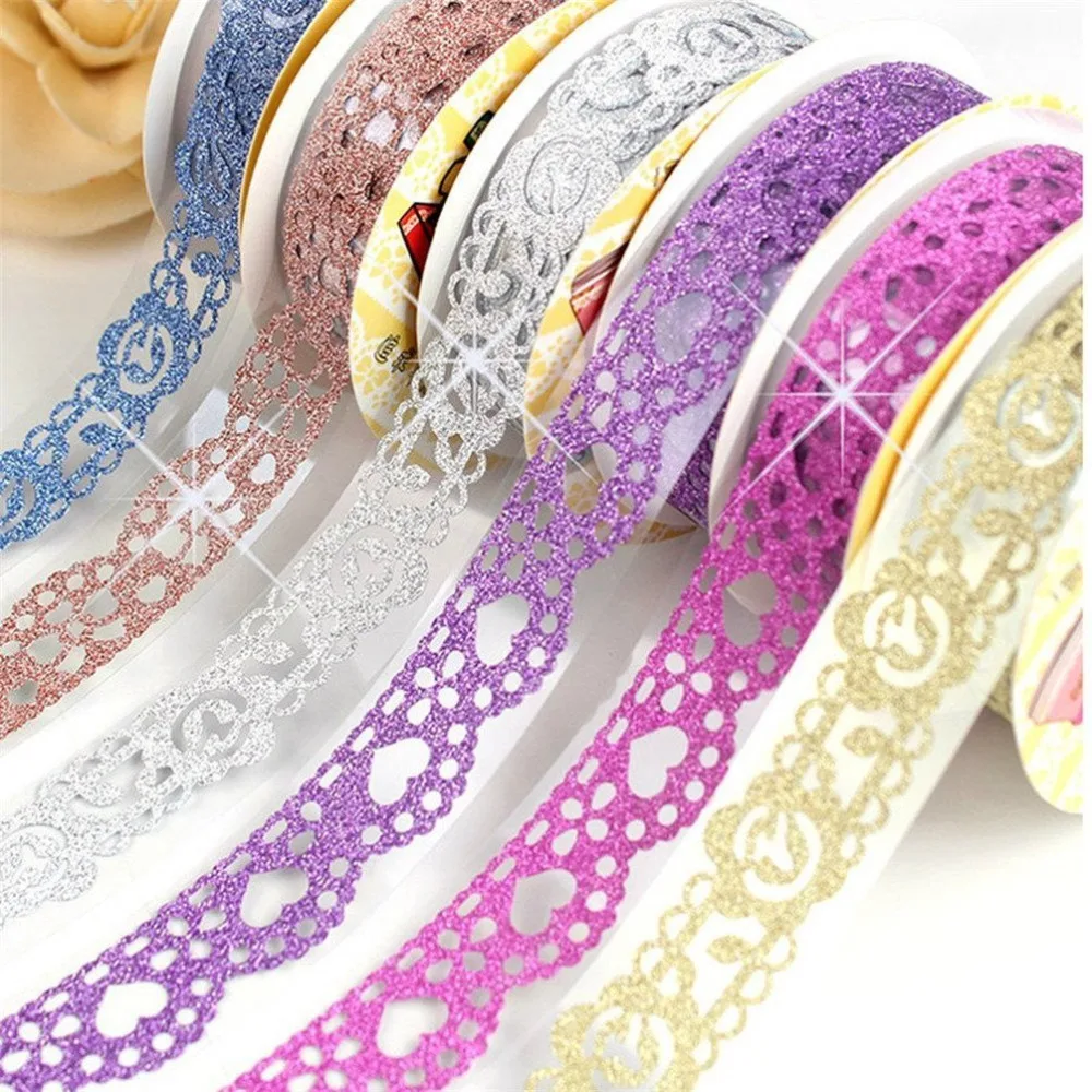 

Pack of 7 Cute Lace Flower Bling Glitter DIY Decorative Washi Tape Sticky Paper for Scrapbooking and Crafts (7pcs Random color)