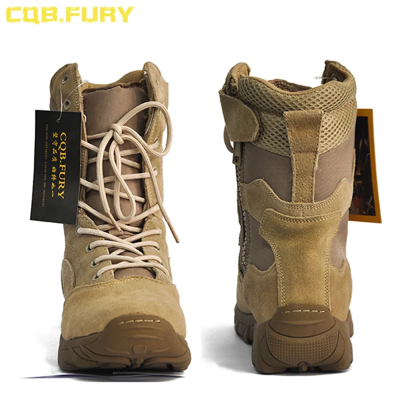 CQB.FURY Unisex Tactical Sand Desert Cow Suede Leather Durable Hiking Boots With Side zipper