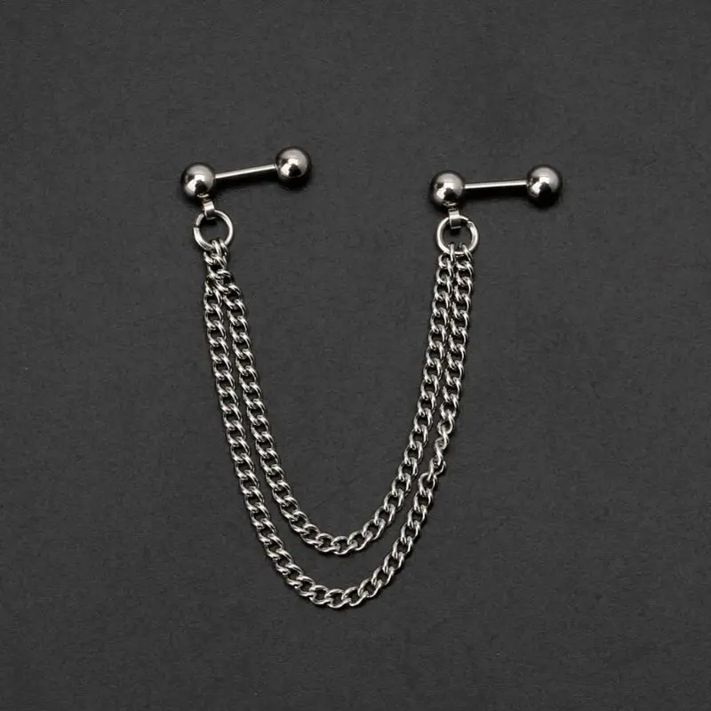 Double Chain Piercing Earring Punk Ball Cartilage Ear Cuff Wrap Hip Hop Dangle Chain Drop Earring Unisex Gift