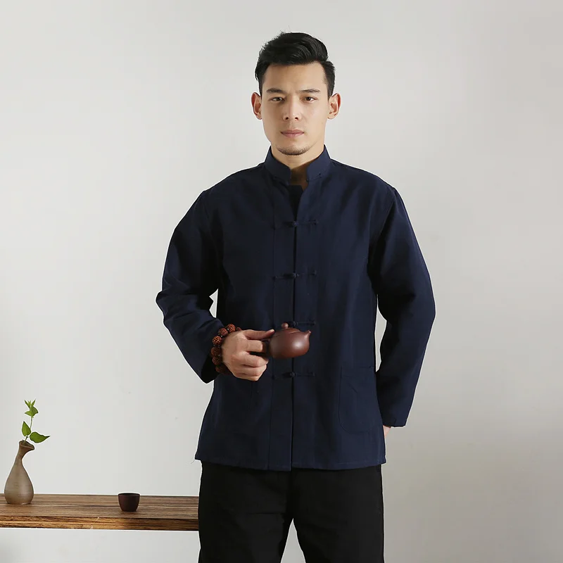 Long Sleeve Cotton Traditional Chinese Clothes Tang Suit Top Men Kung Fu Tai Chi Uniform Shirt Blouse Hanfu male pure costume