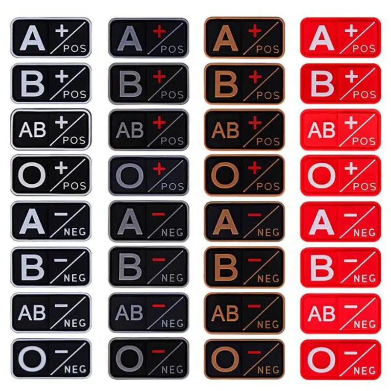 ثلاثية الأبعاد بولي كلوريد الفينيل A + B + AB + O + إيجابي POS A- B- AB- O-سلبية NEG نوع الدم مجموعة التصحيح للملابس علامات مطاطية العسكرية هوك وحلقة