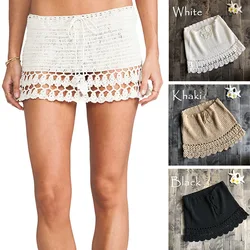 Elegant Handmade Cotton Crochet Mini Skirts Women Summer High Waist Bow Tie Skirt Ladies Beach Bikini Bottoms Saias 2020