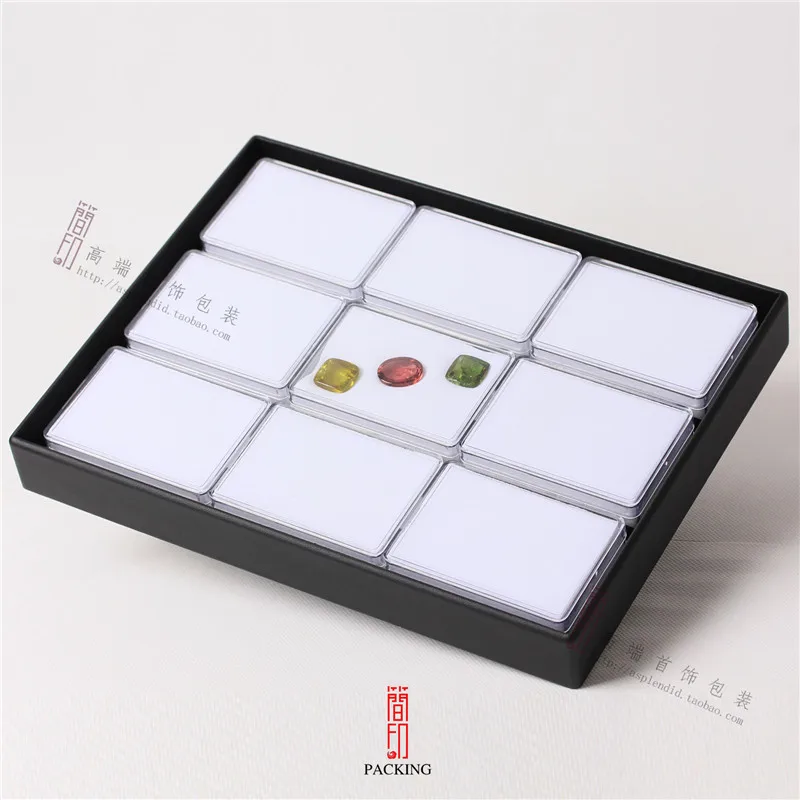 9ps/Tray 8.5*6*2.5mm Diamond Display Plastic Transp Box the Tray include 9pcs Gem cases Black and white Interior shipping boxes