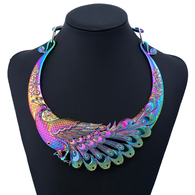 KMVEXO Ethnic Collar Choker Necklace Charming Multicolor Laser Jewelry Chinese Peacock Dragon Maxi Necklaces Statement Necklace