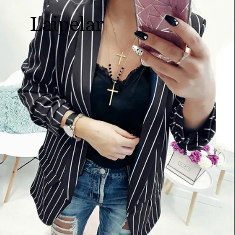 Laipelar Black And White Striped Office Suits Elegant Women Fashion Thin Jacket Spring Autumn Cardigan Femme 2019