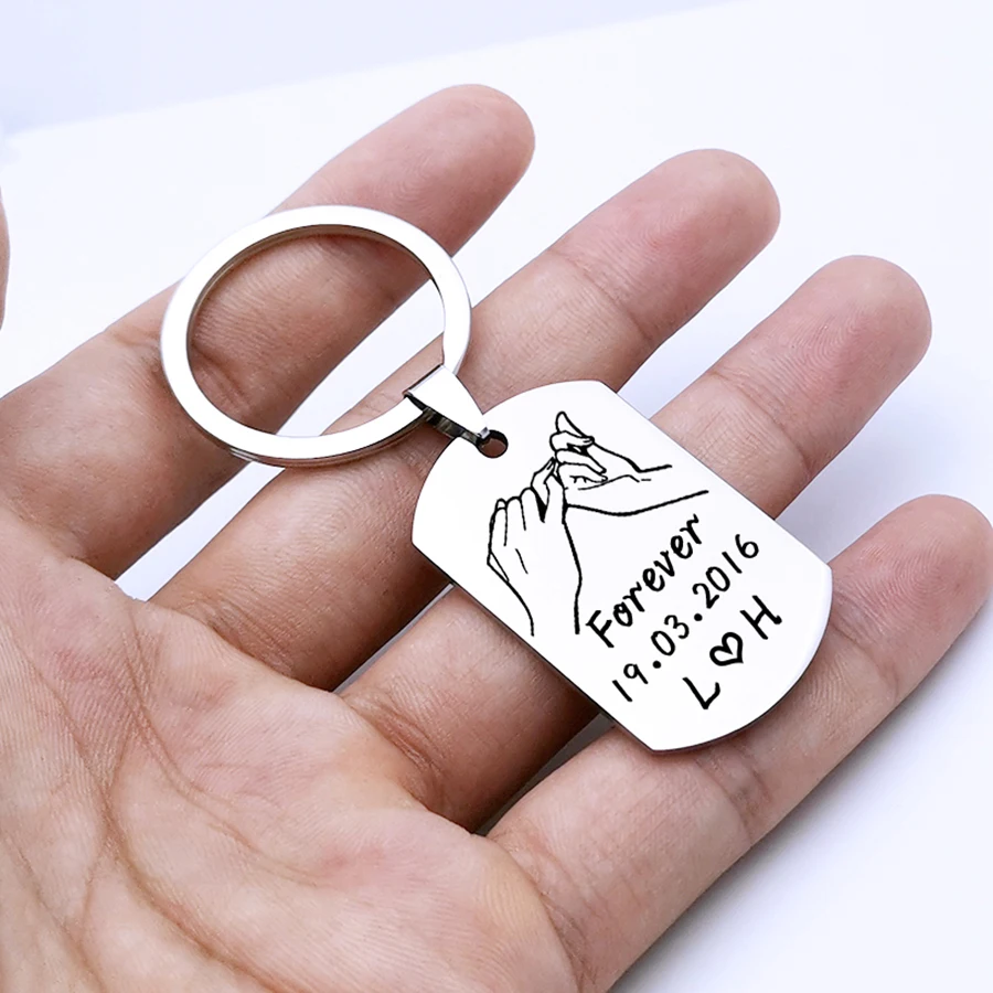 Custom Key Chain Pinky Promise Date 2 Initial Letters Keyring Men Couples Boyfriend Girlfriend Husband Anniversary Gift Keychain