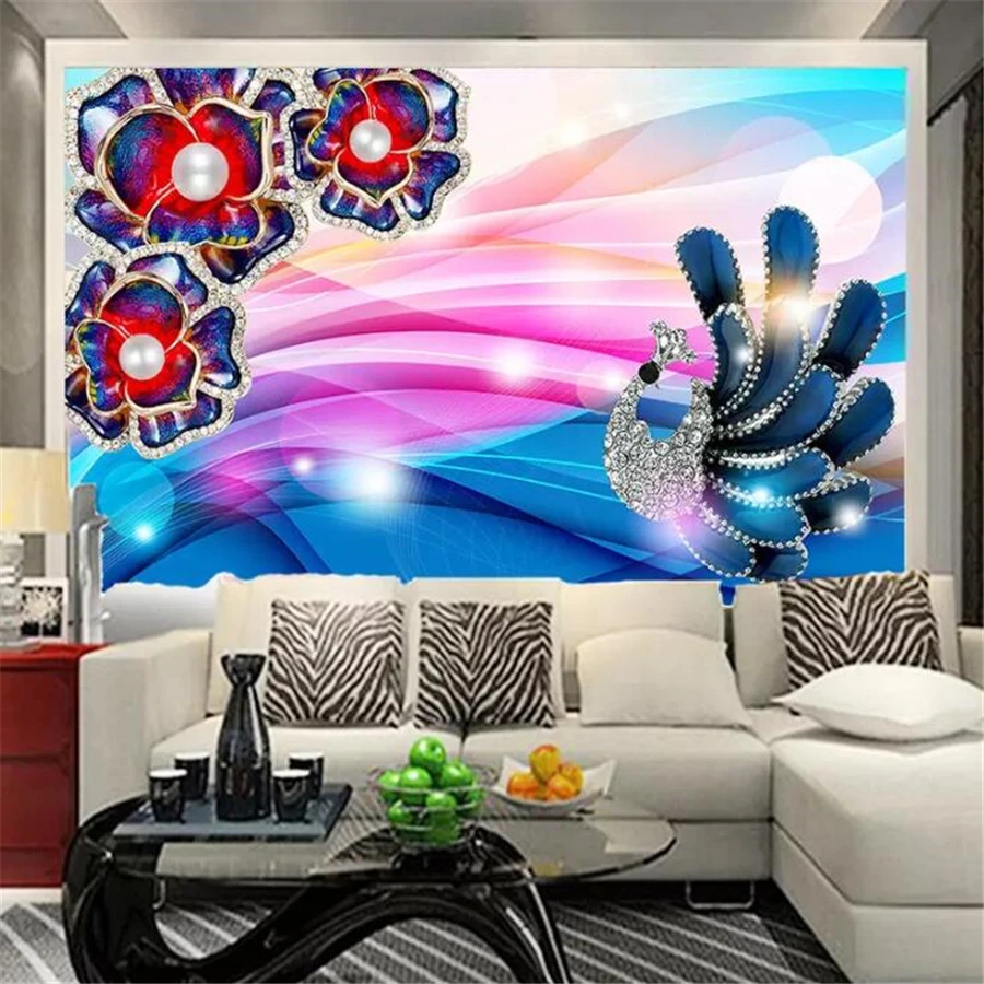 Beibehang Custom wallpaper 3d murals set with diamonds peony flowers beautiful colorful peacock jewelry TV background wall paper