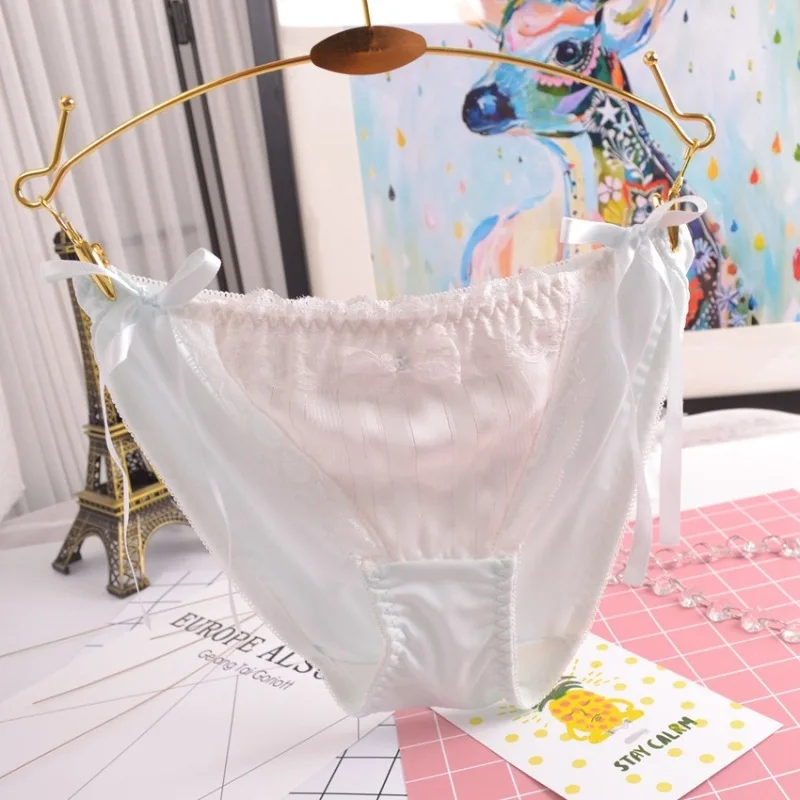 Sexy Chiffon Lace Milk Silk Low Waist Women Panties Bow Ribbon Smooth Lady Underwear Cute Lovely Sweety Style Girl Breifs