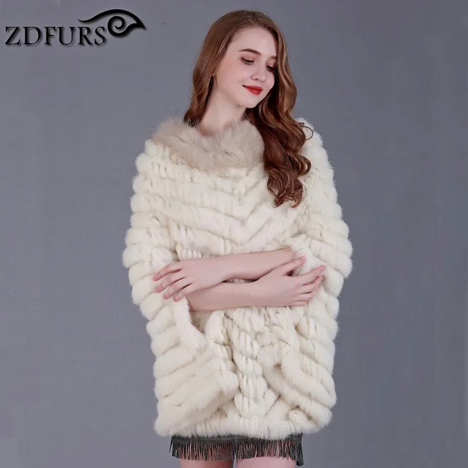 ZDFURS * new fashion real knited rabbit fur Shawl poncho stole shrug cape robe tippet amice wrap raccoon fur collar