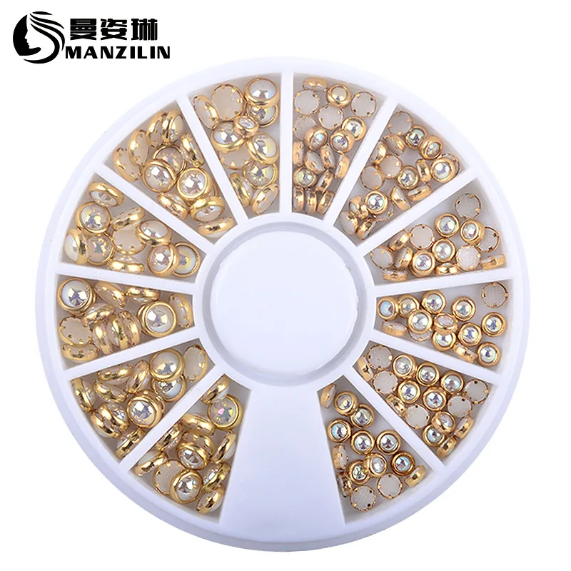 3d Nail Glitter Rhinestone Wrapping Pearls AB Colorful 2MM 3MM Wheel Gold Metal Studs DIY Beauty Nail Art Decorations