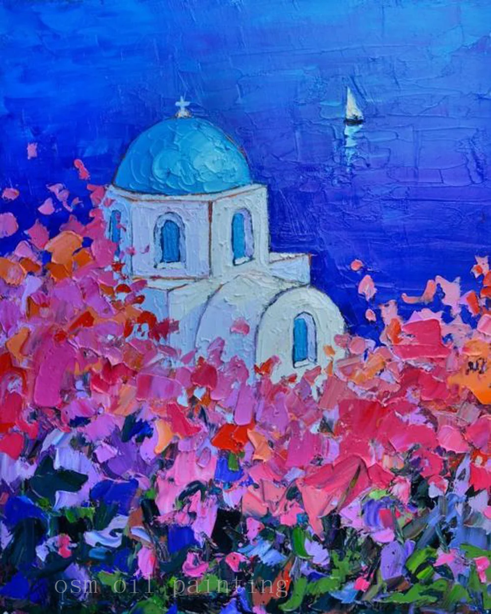 

Handmade Palette Knife Oil Painting Full Bloom Beautiful Islands Full of Traditional Village Decorative Fine Art Canvas Pictures