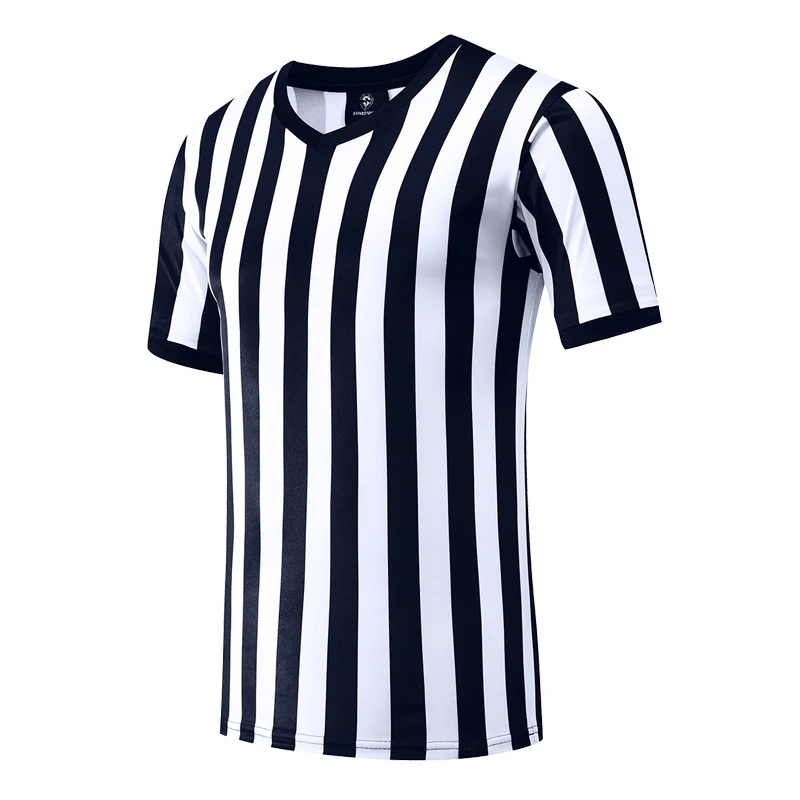 Men V-Neck Soccer Referee Shirt Football Sports Uniform Black White Short Sleeve Breathable Training Jersey