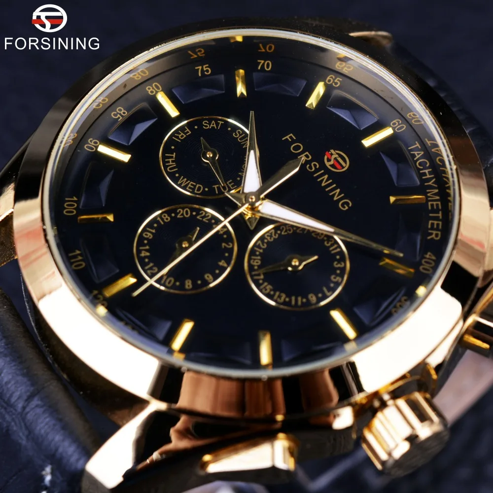 Forsining 2016 Retro Fashion Designer Three Dial Decoration Genuine Leather Golden Men Luxury Brand Automatic Mechanical Watches