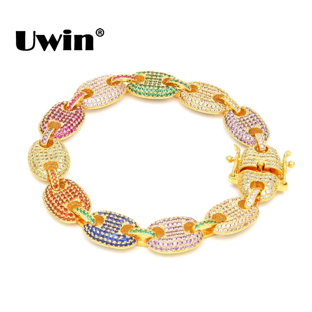 Uwin Hiphop 13mm Puffed Marine Chain Fat Links Bracelet Men Micro Pave Rainbow Colored Cubic Zirconia Silver Plated Jewelry