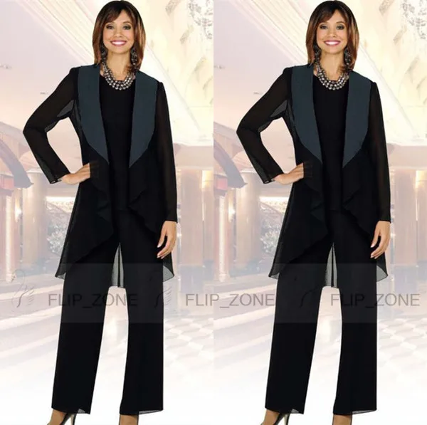 

Black Mother of the Bride Dresses Pant Suits with Long Jacket Retro Three Piece Mother's Formal Wear Evening Groom madrinha