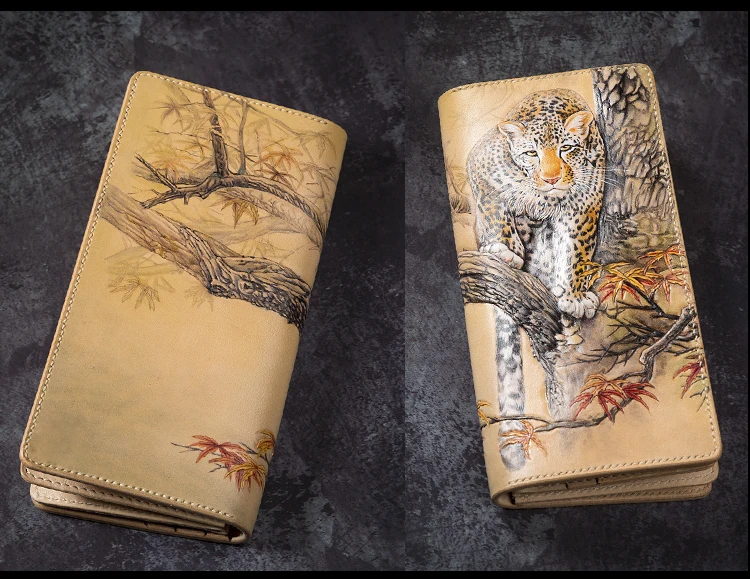 High-end Handmade Wallets Carving Leopard Purses Men Long Clutch Vegetable Tanned Leather Wallet Card Holder