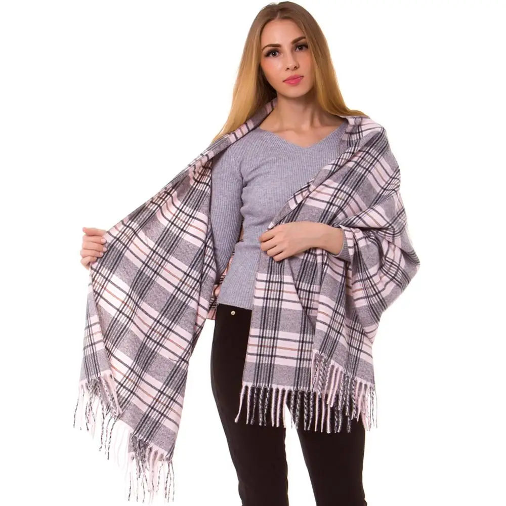 

Cashmere Silk Check Plaid Scarf Wrap Oblong Shawl Warm Fashion Long Thick Hijab Top Quality Tartan Blanket Autumn Winter Pink