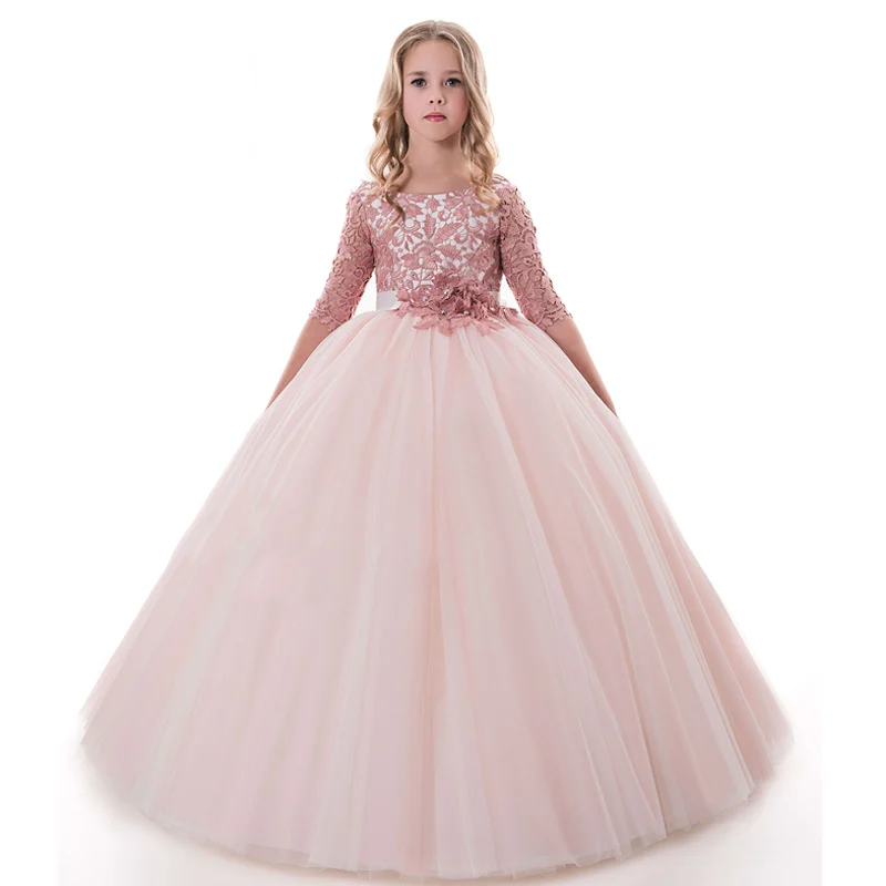 

pink mesh flower girls dress vestido nina long ball gowns for kids fantasia infantil para menina little girls dresses 2-12years