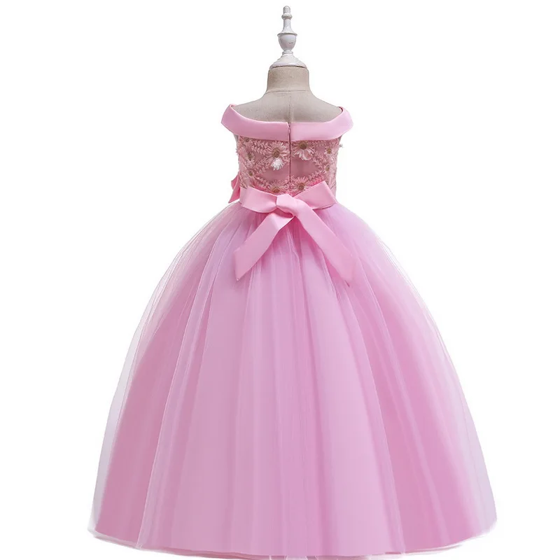 Meninas princesa belle traje rosa estilo longo vestido arco-nó vestidos de festa grande menina deluxe princesa vestido de casamento