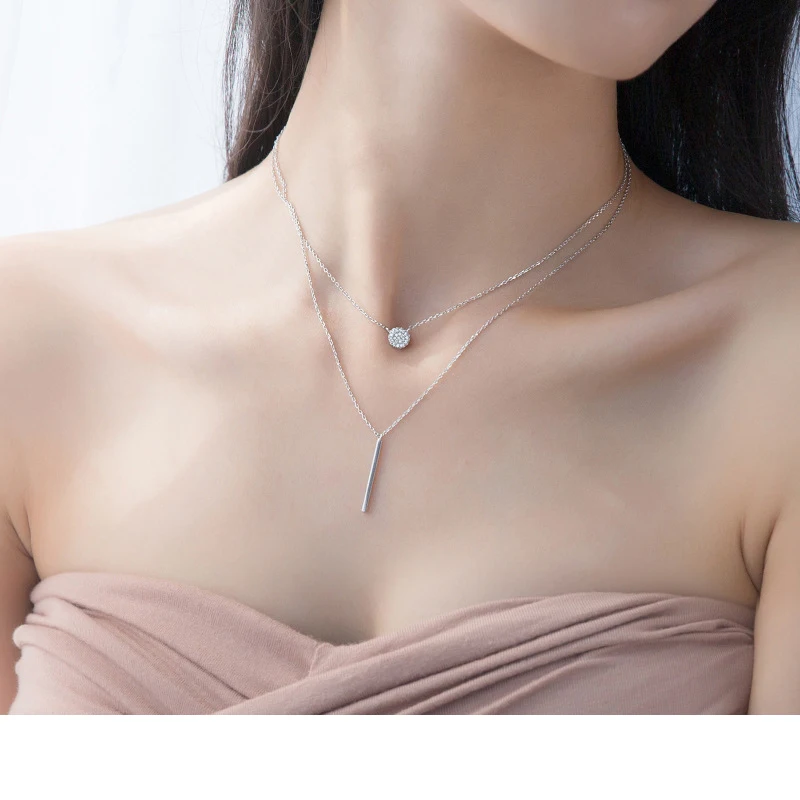 MloveAcc Multilayers Geometric Zircon Round Bar Stick Choker Pendant Necklace for Women 925 Sterling Silver Chain Necklace Jewel