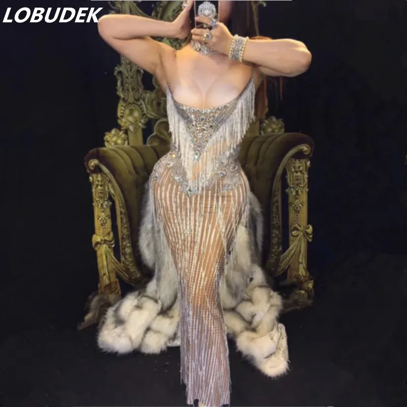 

Блестящие стразы, длинное платье с кисточками, женское сексуальное вечернее платье для выпускного вечера, дня рождения, танцевальный костюм, сценическая одежда для выступлений