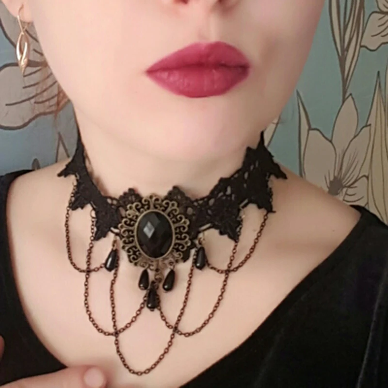 Fashion Gothic Choker Necklace Vintage Tattoo Tassel Punk Style Lace Pendant Wedding Jewelry Women False Collar Statement